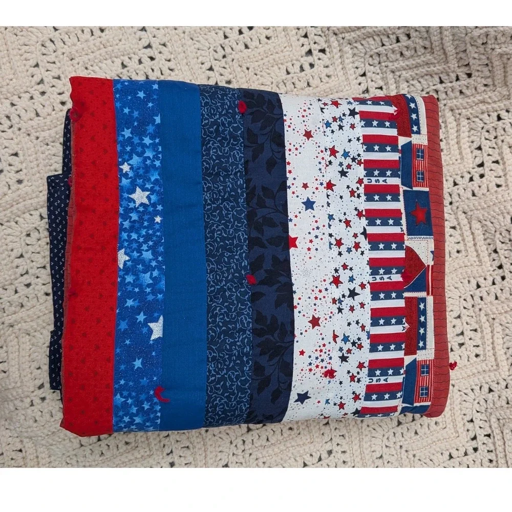 Handmade Patriotic Patchwork Quilt Red White Blue Stars Americana Lap Blanket